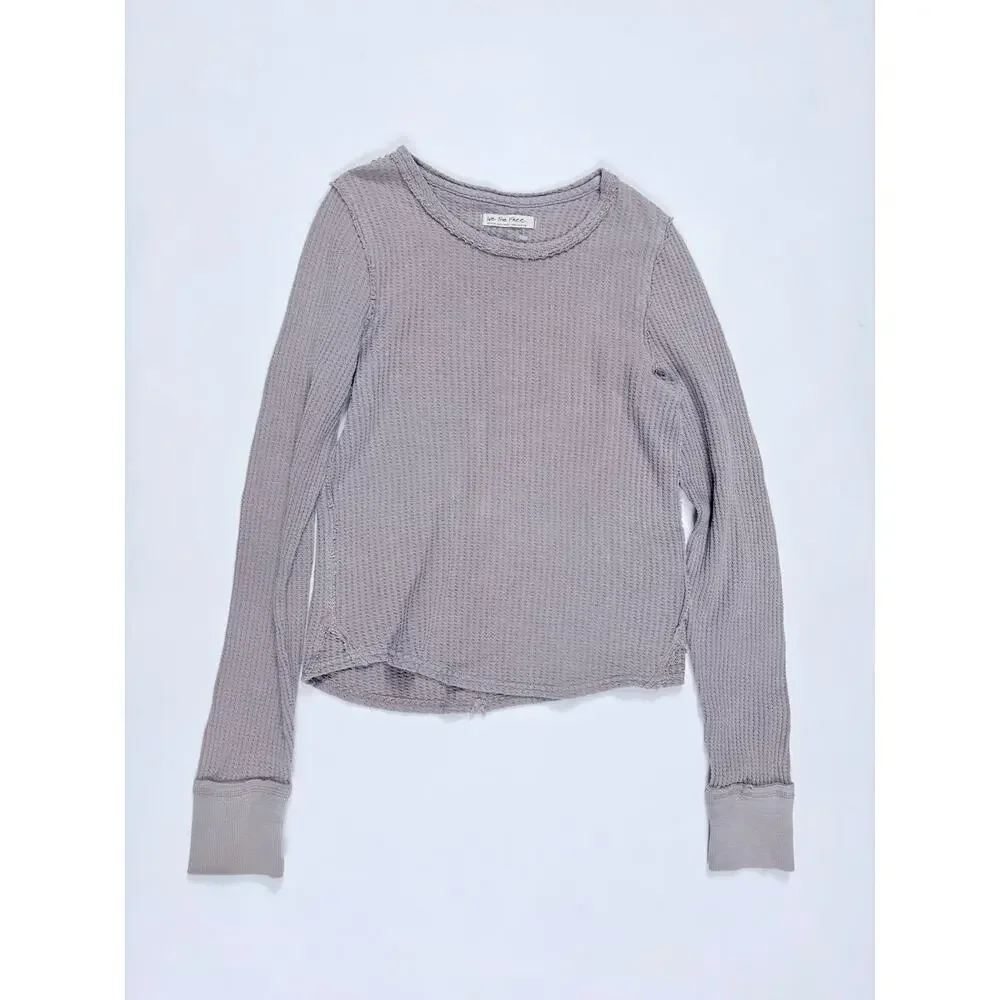 Free People We The Free Waffle Knit Thermal Top Taupe Minimalist Boho Coastal T